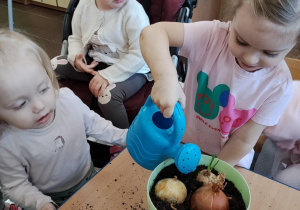 Dzieci sadzą kwiatki.